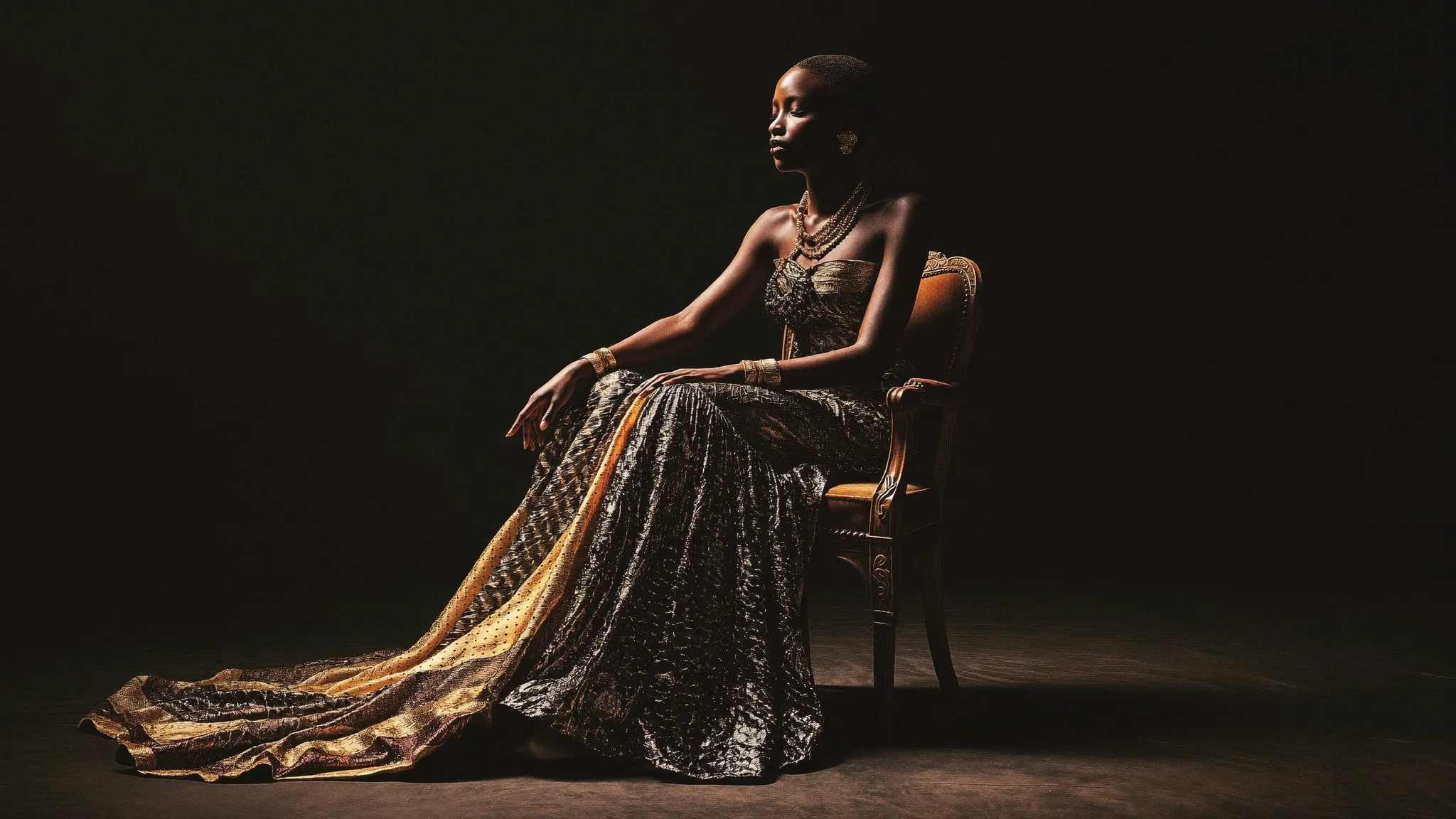Portrait éditorial d'une femme ivoirienne en parure dorée
